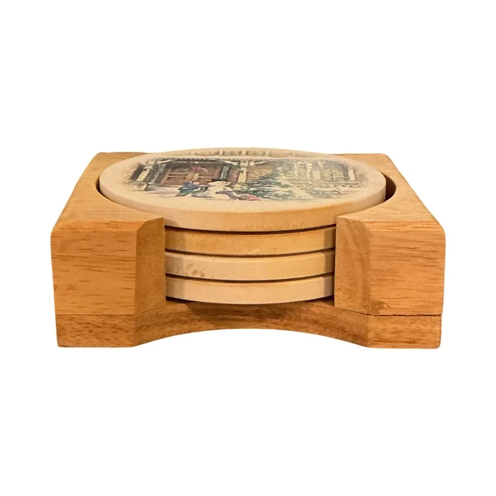 Vintage Christmas Snowman Stone Coasters Set of 4 Wood Holder 4 Inch Round